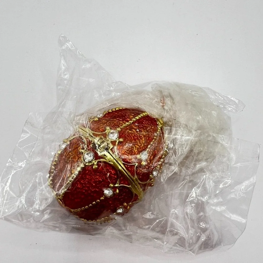 Orange & Gold Faberge-Egg Style Trinket Box With Rhinestones Crown Stones 2.5